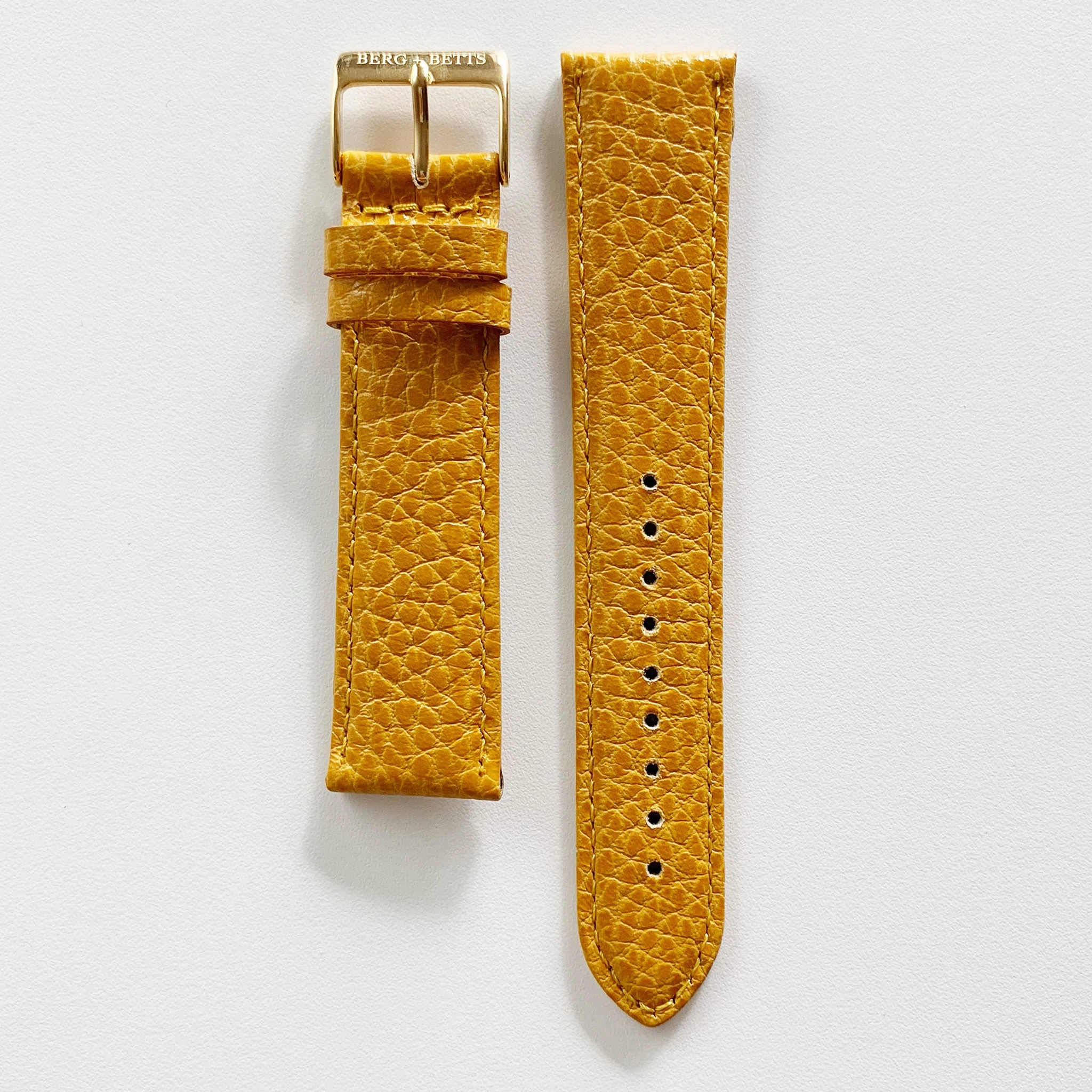 20mm sustainable leather watch strap in mustard yellow with gold closures