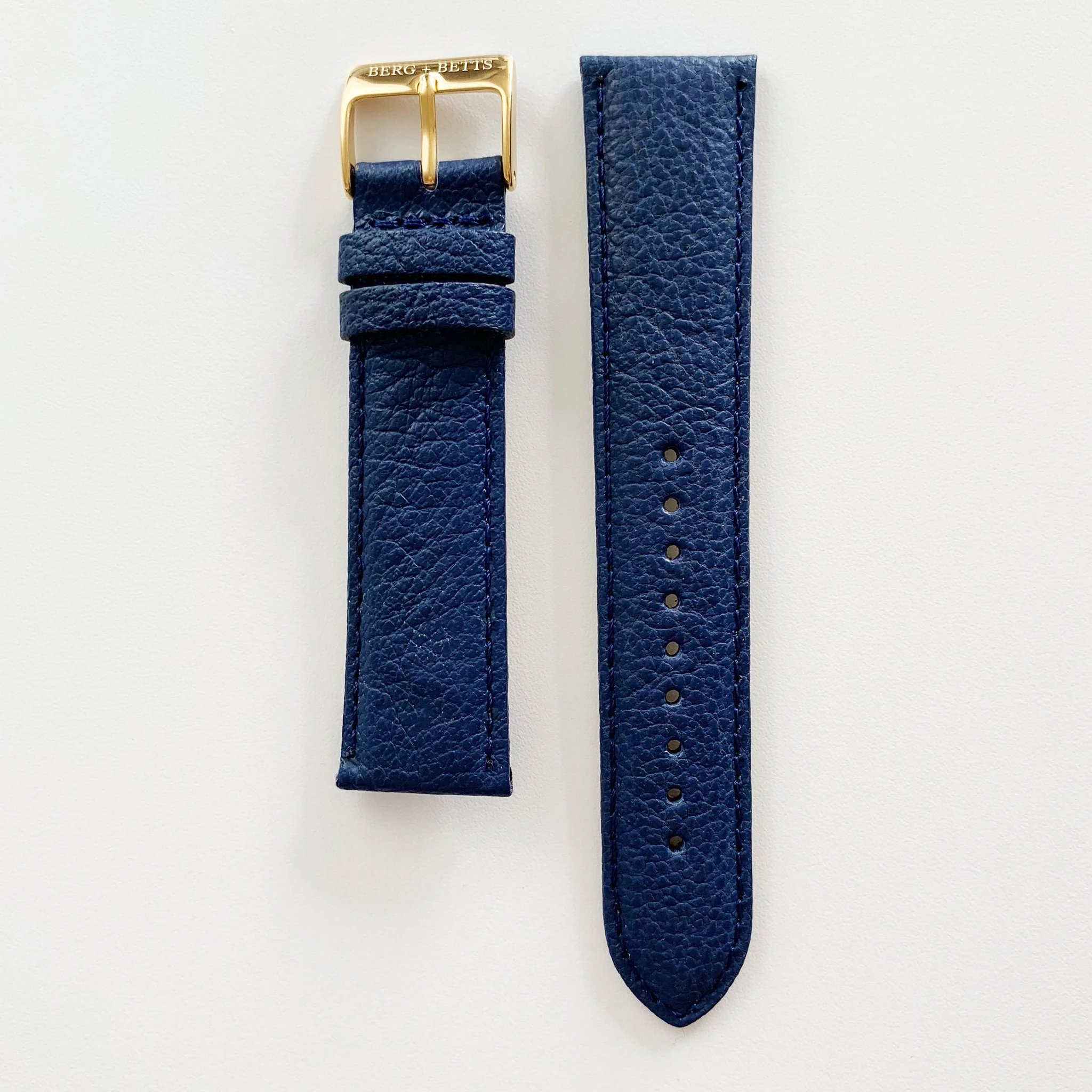 20mm sustainable leather watch strap in navy with gold closures