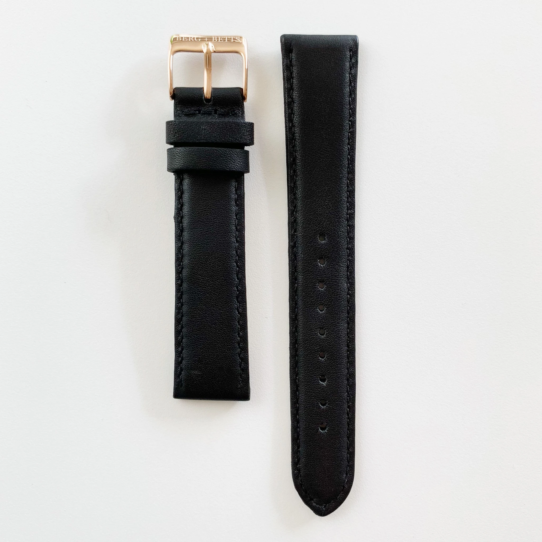 BERG+BETTS 18mm Sustainable Leather Black Watch Strap with Rose Gold Buckle