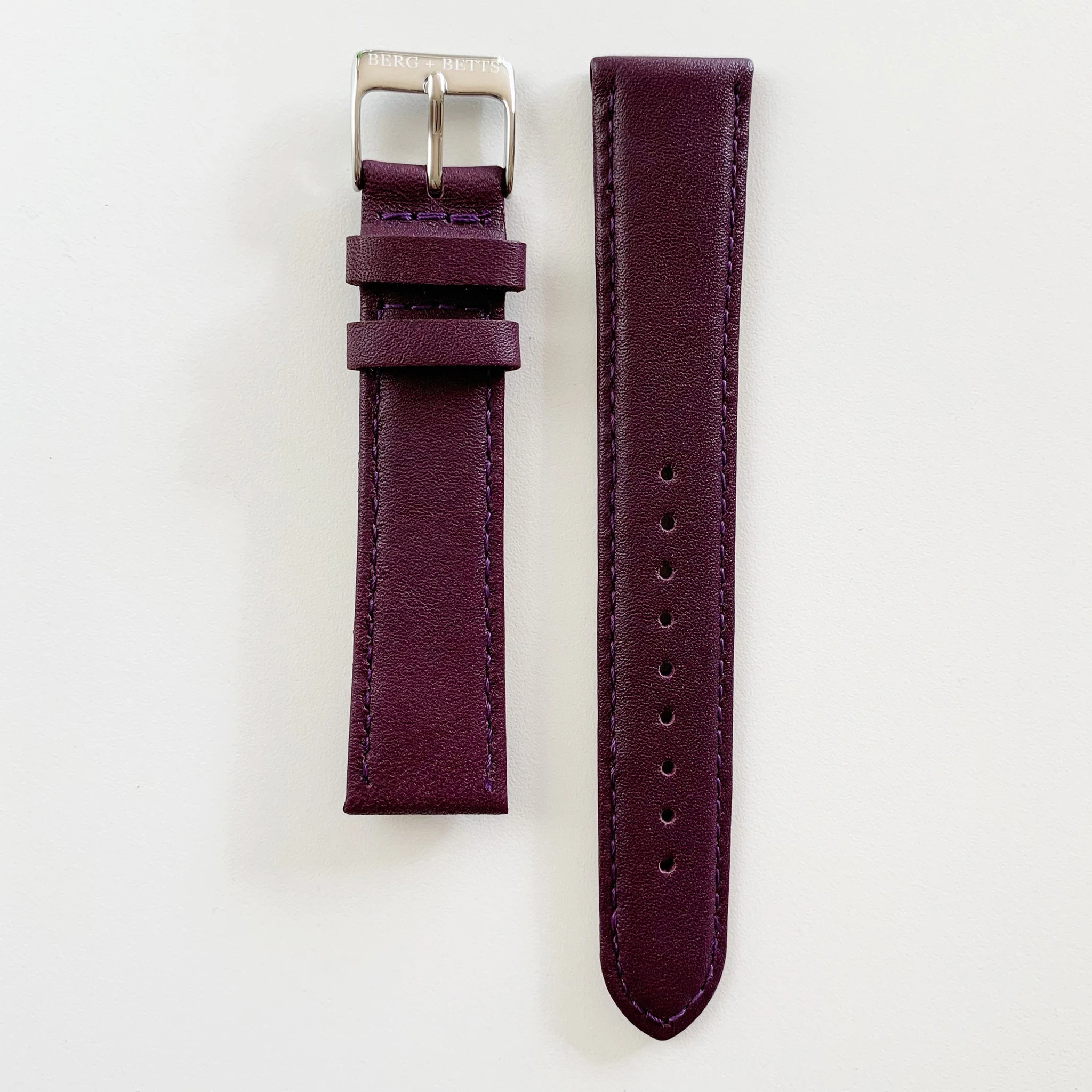 18mm sustainable leather watch strap in plum with silver closures