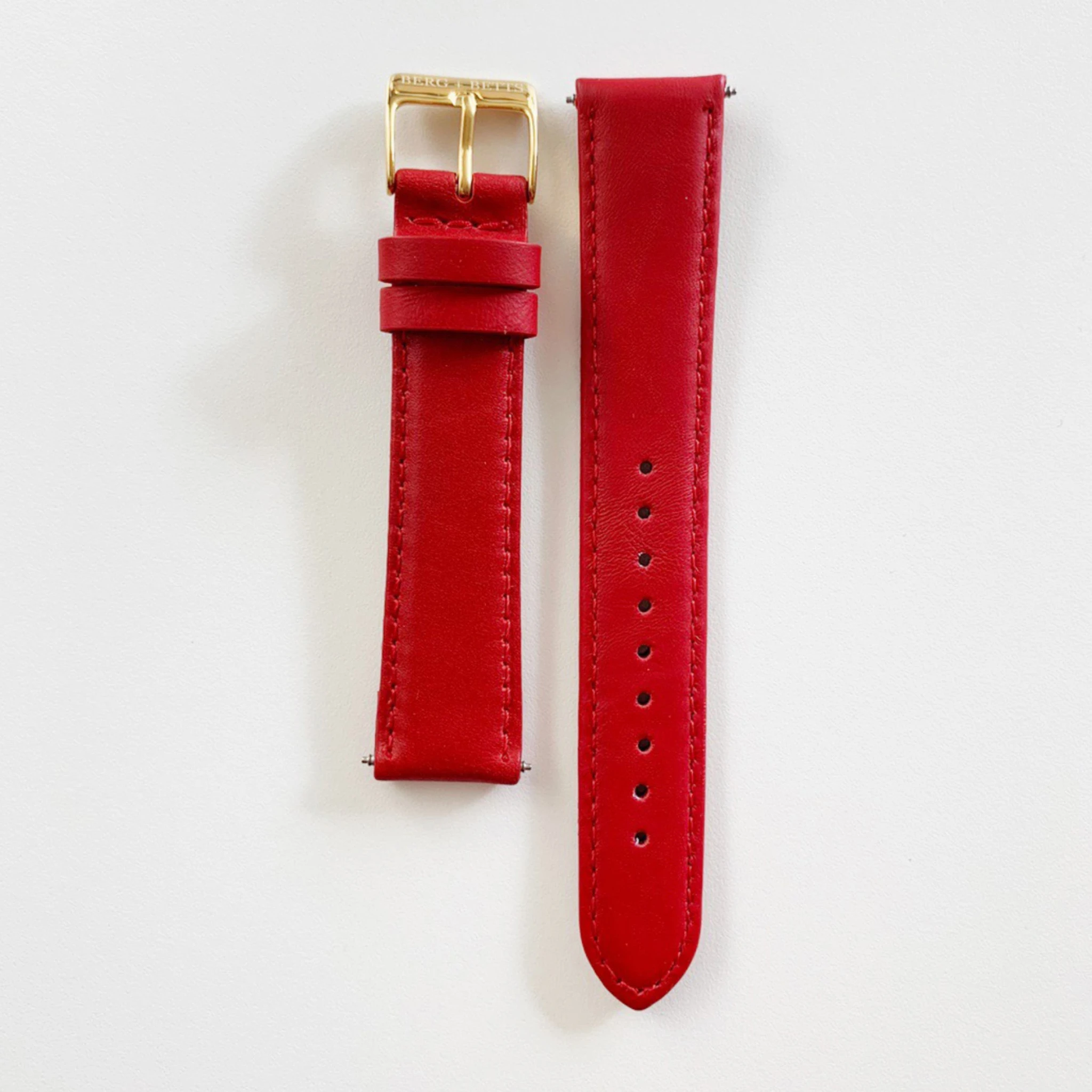 18mm sustainable leather watch strap in red with gold closures