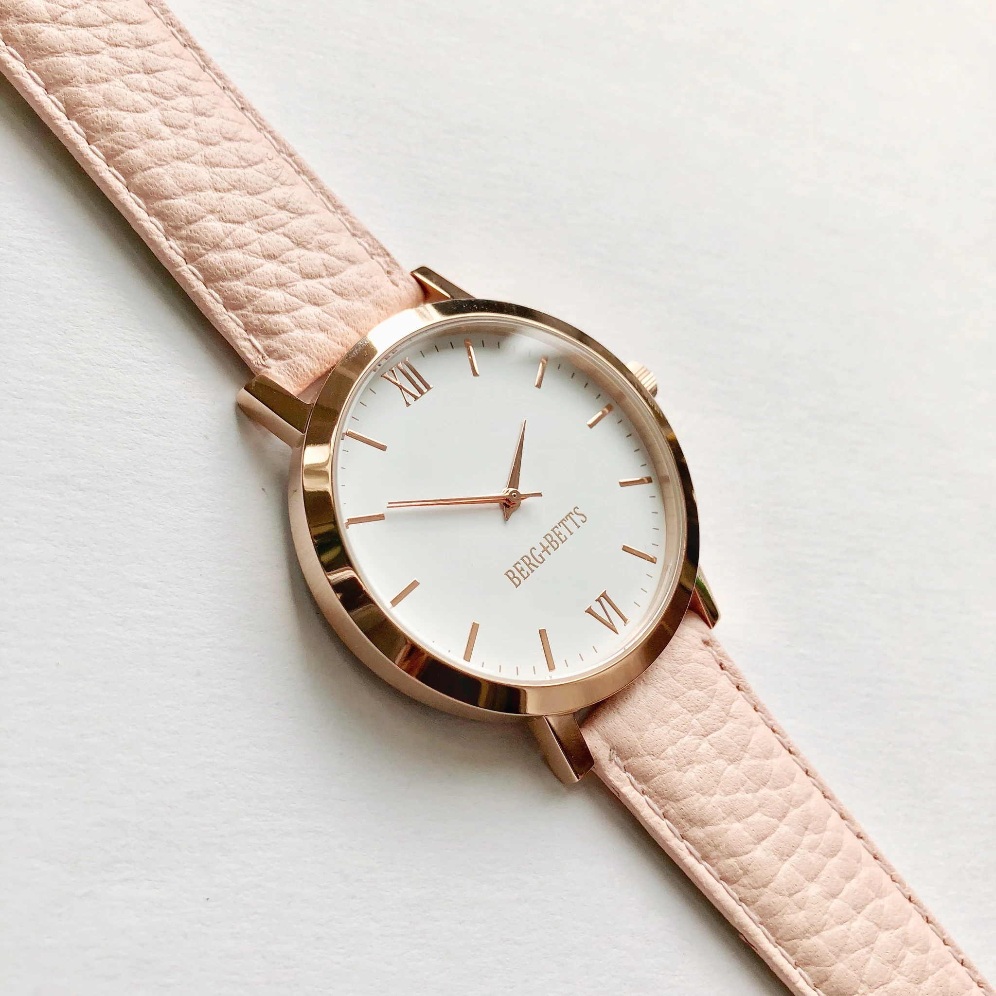 BERG+BETTS | ethically made rose gold timepiece with blush sustainable leather strap 