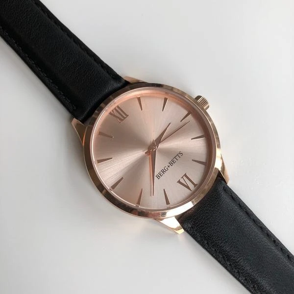 Round Rose Gold Mirrored Minimalistic Watch with Black Sustainable Leather Band