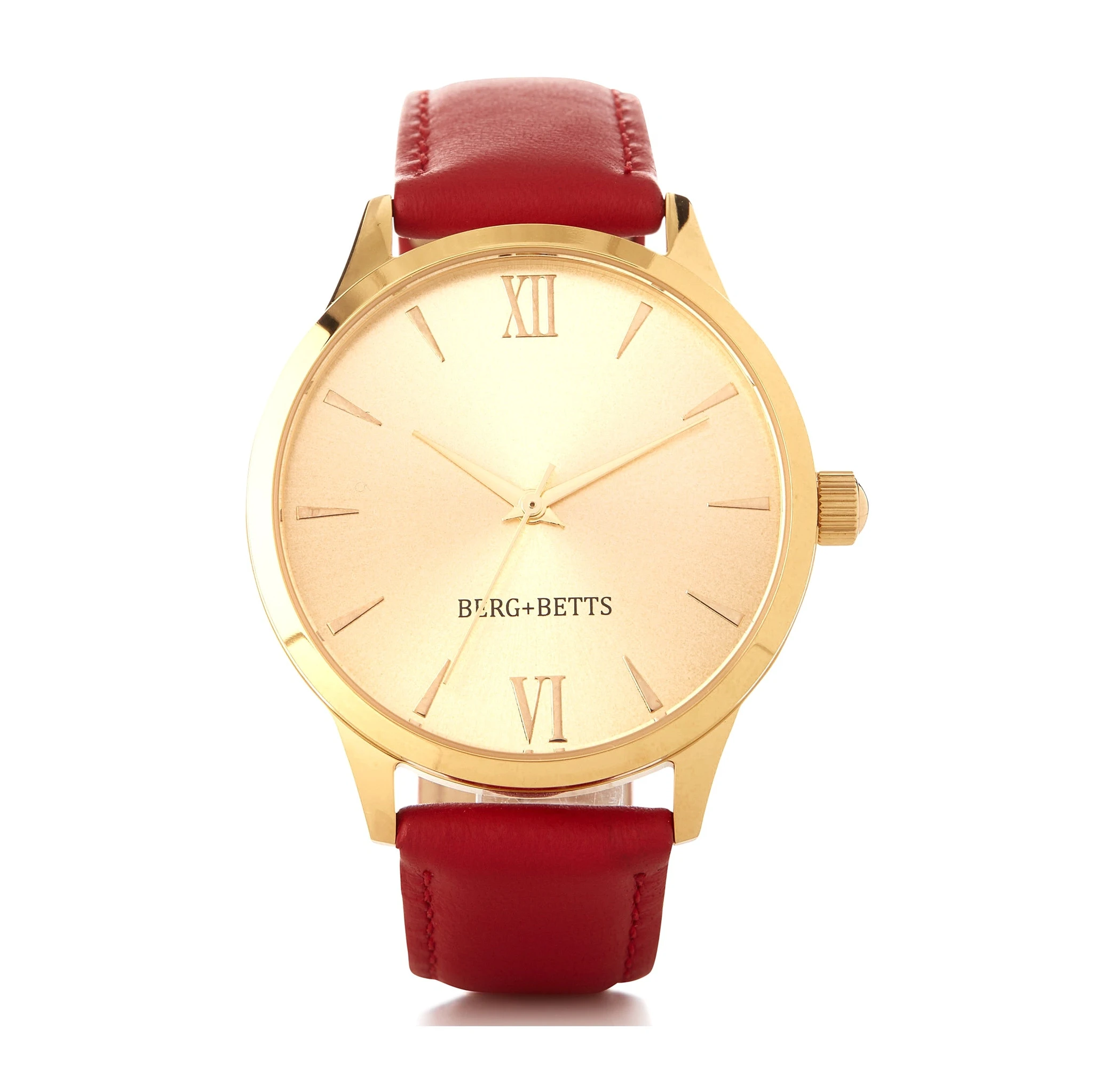 BERG+BETTS Gold Mirrored face ethically made watch with sustainable red leather strap