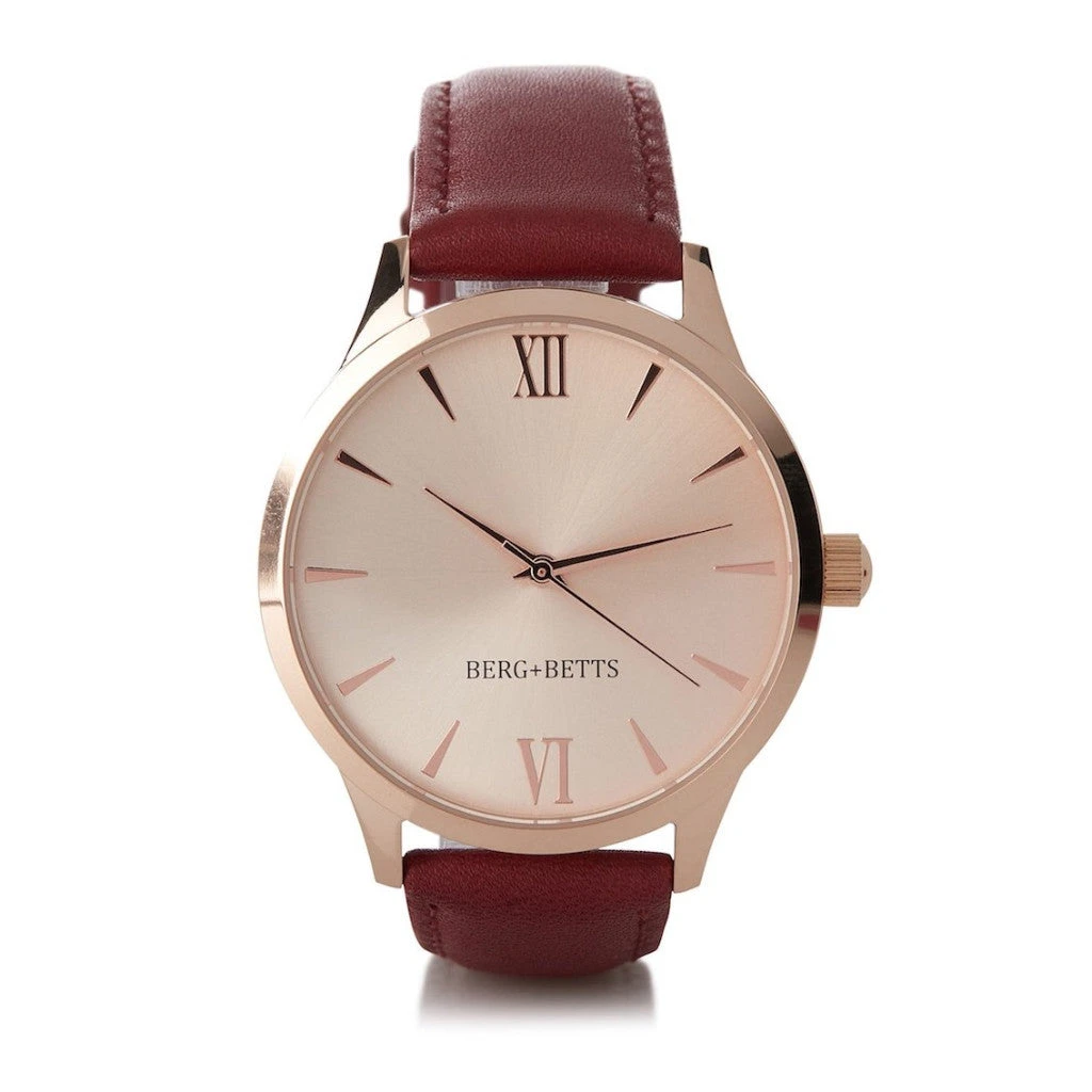 BERG + BETTS | Ethically made Rose Gold watch with sustainable burgundy strap